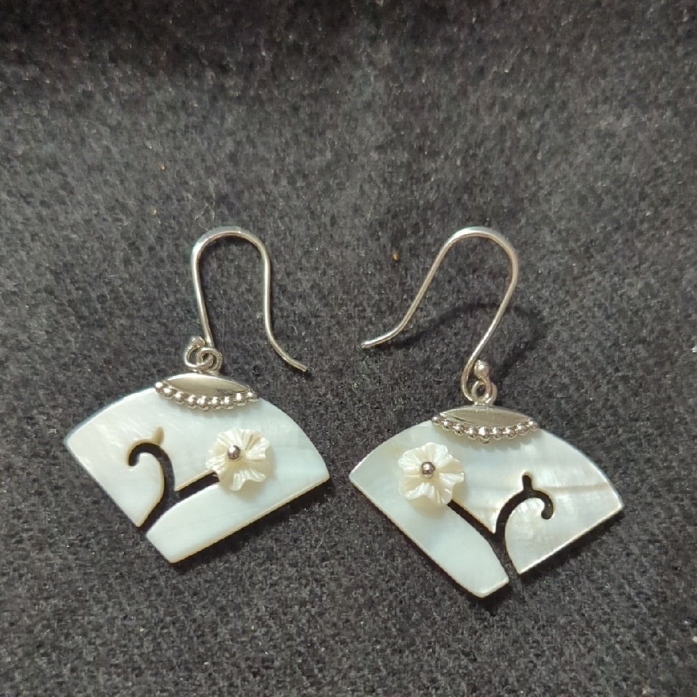 Sterling Silver Carved Mother Of Pearl Floral Fan Shape Statement Earrings